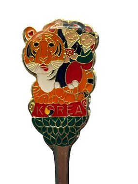 Souvenir Korea Spoon With Enamel Tiger & Traditional Figures Design B105